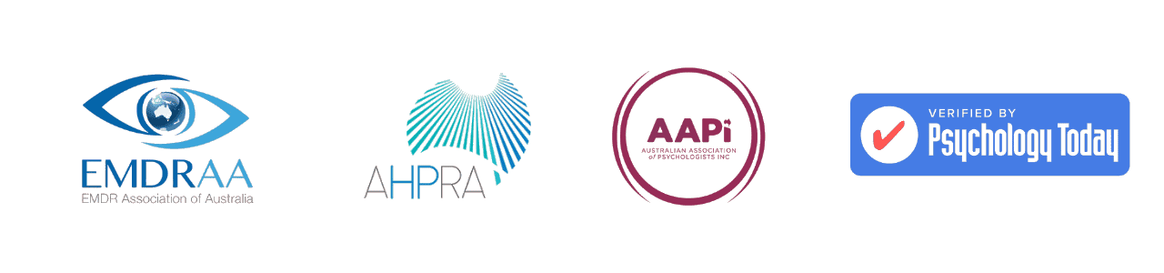Endorsements strip – white background Professional endorsements - AHPRA registered, EMDRAA member, AAPi, Psychology Today verified